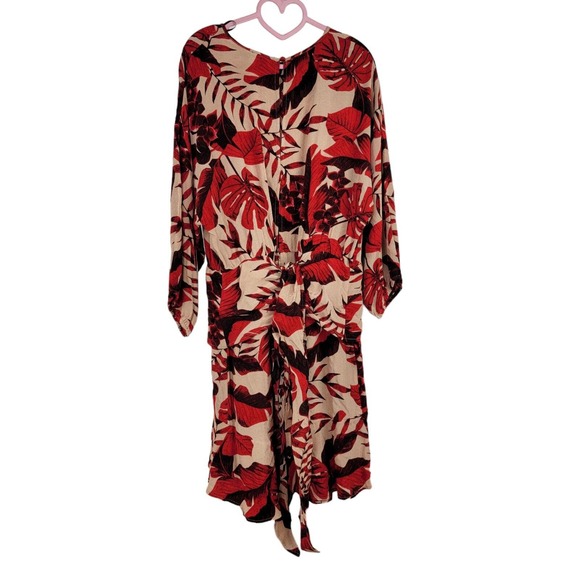 H&M Johanna Ortiz Dress Red Beige Floral Leaves Print Ruffles Short Sz L Open - Picture 2 of 8